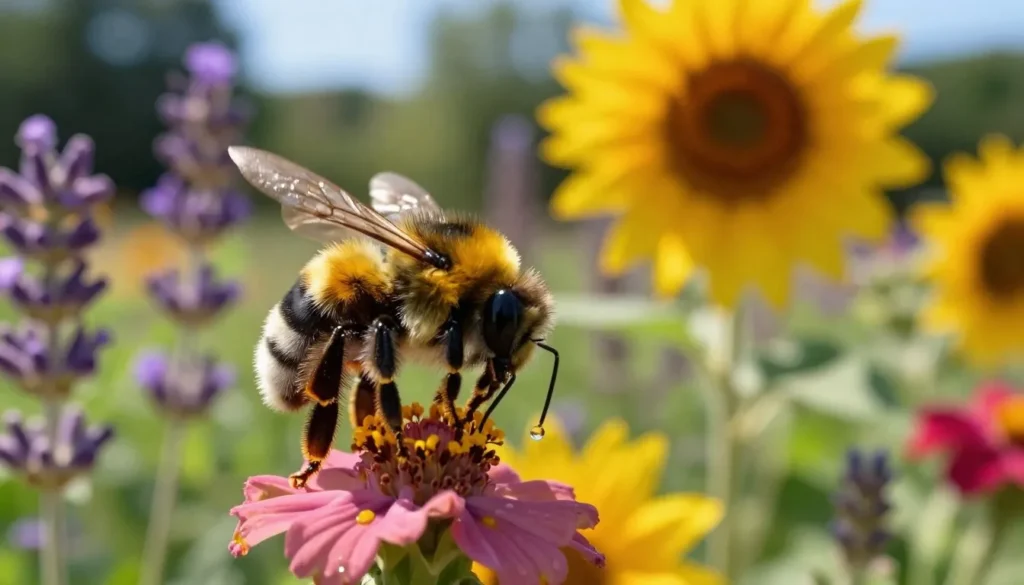 A fuzzy bumblebee collecting nectar on a pink zinnia in a sunny flower garden.