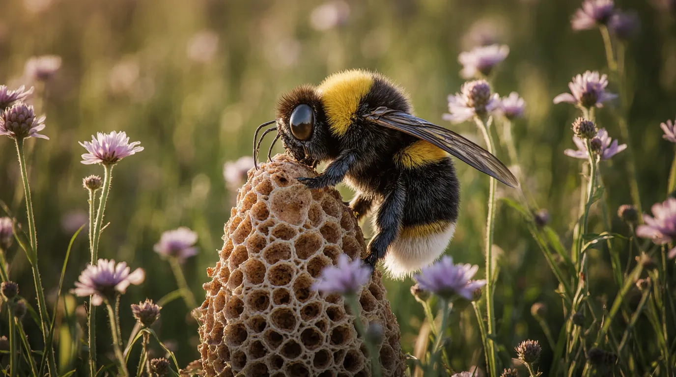 A large fuzzy bumblebee perched on a vertical honeycomb structure in a field of purple wildflowers at sunset.