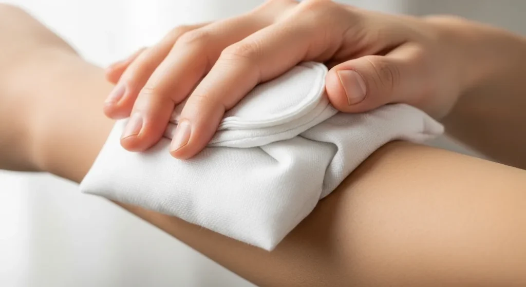 Applying a cold compress to a bumblebee sting to reduce swelling.