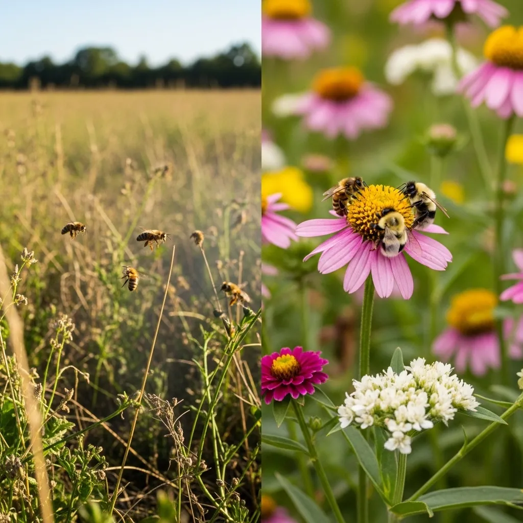 Bee habitat loss and conservation garden showing threats and protection for honey bees and bumblebees