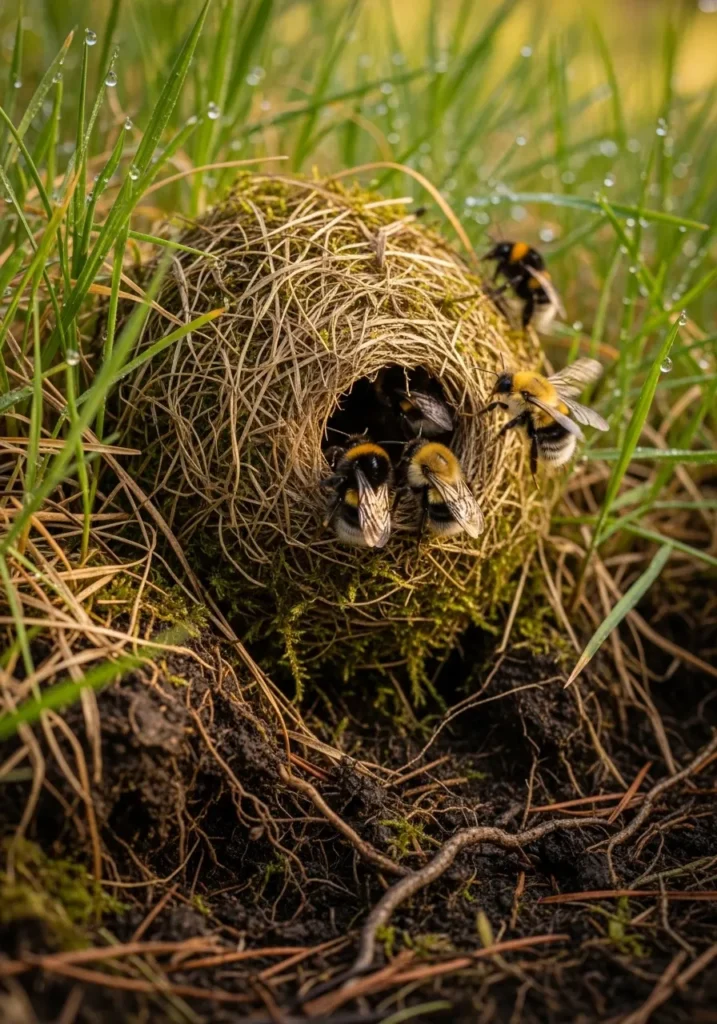 Bumble bee nest built underground in natural habitat