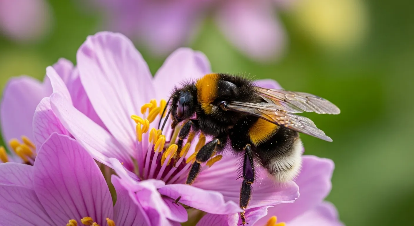 Bumblebee Queen resting on wildflowers during early spring foraging