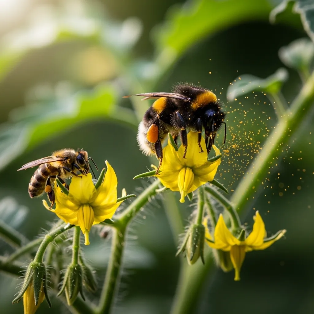 Bumblebee buzz pollination vs honey bee nectar collection on garden flowers