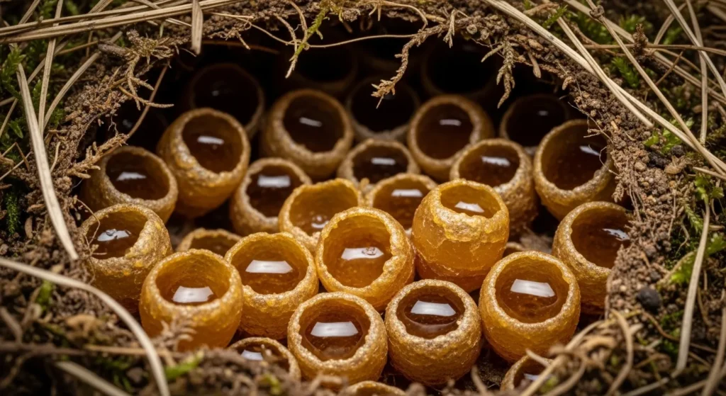 Bumblebee honey pots inside a nest filled with nectar.