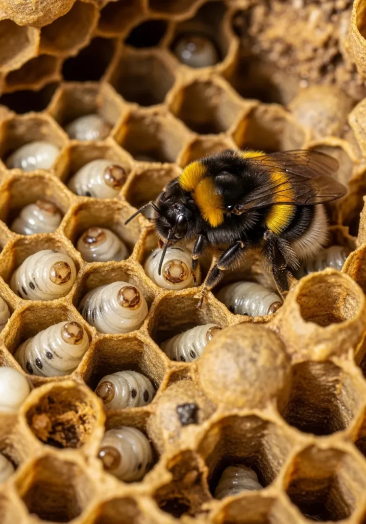 Bumblebee larvae developing in wax nest cells with worker bee