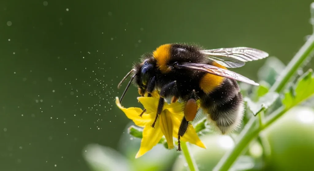 Bumblebee performing buzz pollination on a tomato plant flower.