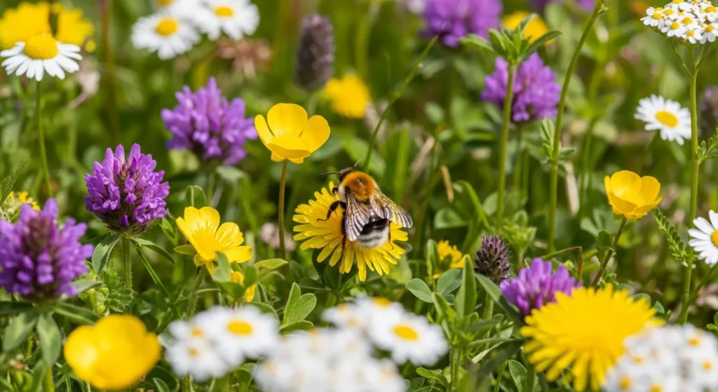 Bumblebee queen foraging in diverse native wildflower meadow habitat