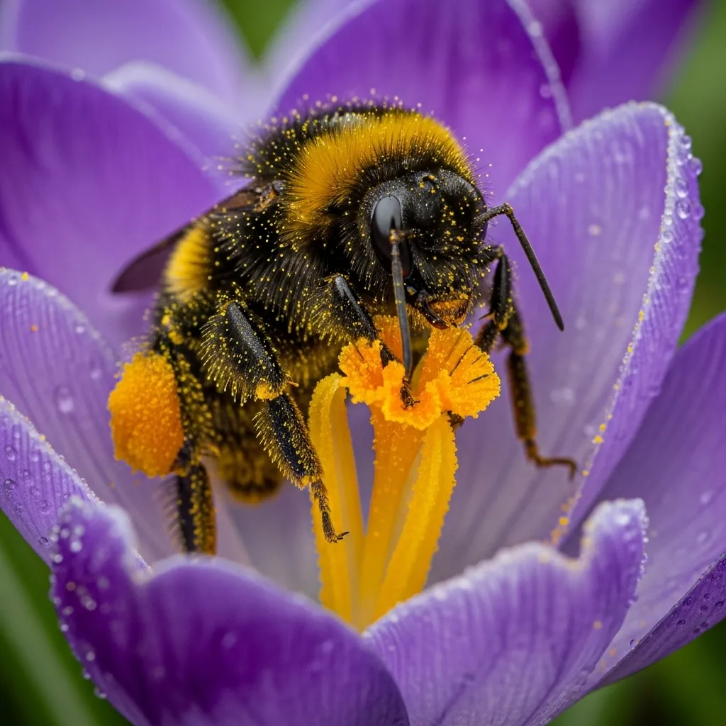 Bumblebee queen pollinating spring crocus flower covered in pollen