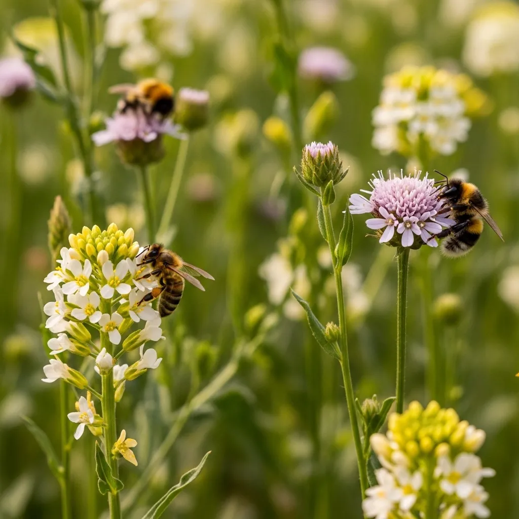 Honey bee and bumblebee pollinating crops and wildflowers supporting agriculture and biodiversity