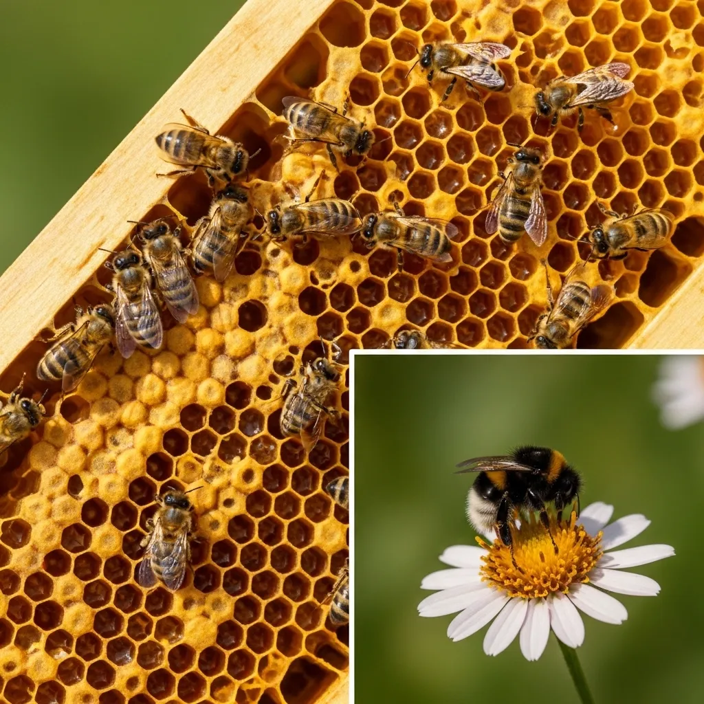 Honey bee honeycomb filled with golden honey while a bumblebee collects nectar from a nearby flower