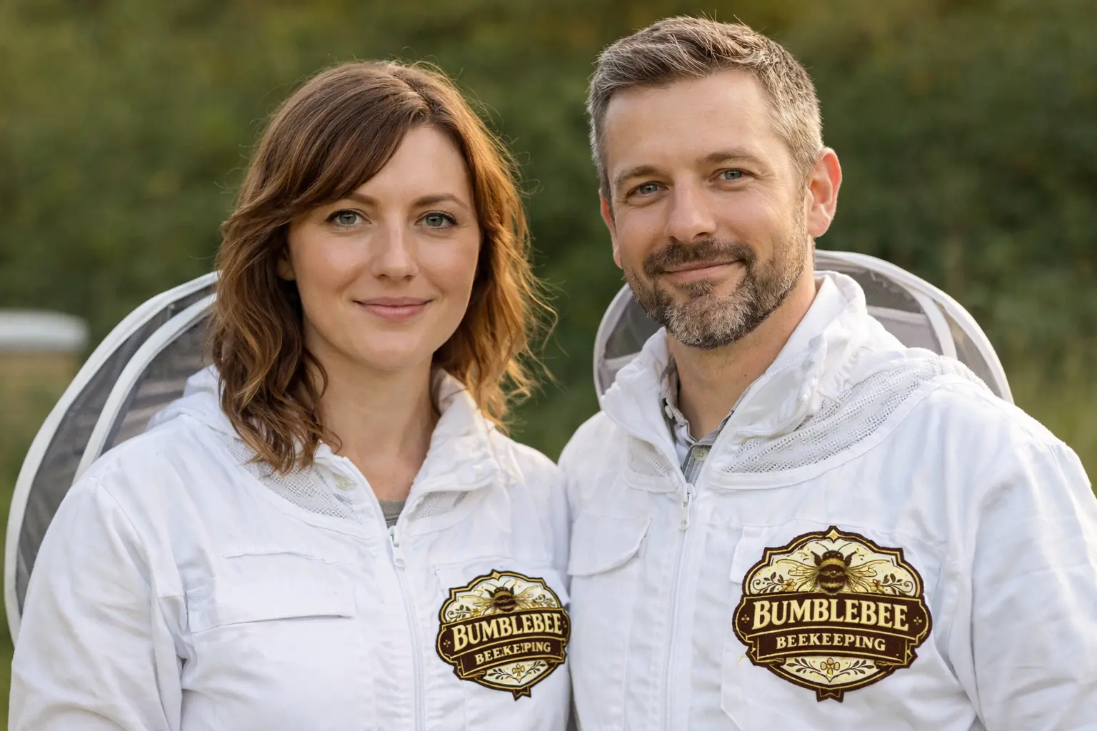 Laurel and Nigel wearing white beekeeper suits with Bumblebee Beekeeping logo standing outdoors in a natural garden setting
