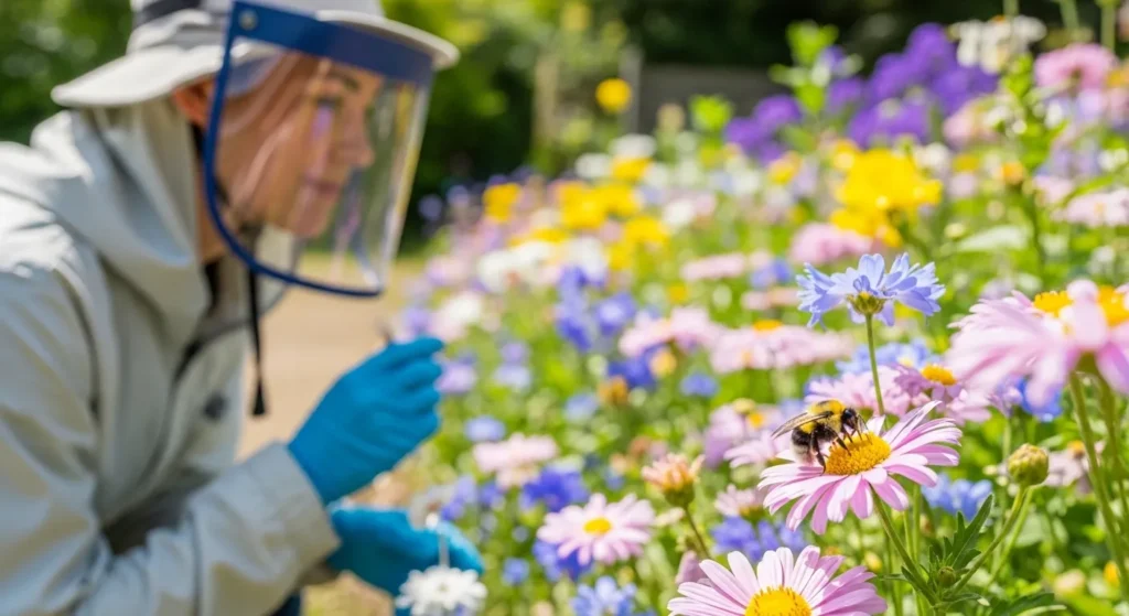 Person keeping safe distance from flowers to avoid a bumblebee sting