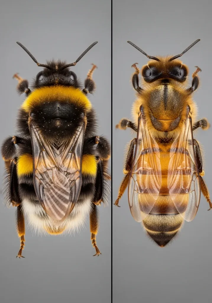Visual comparison of bumblebee queen versus honeybee queen physical differences