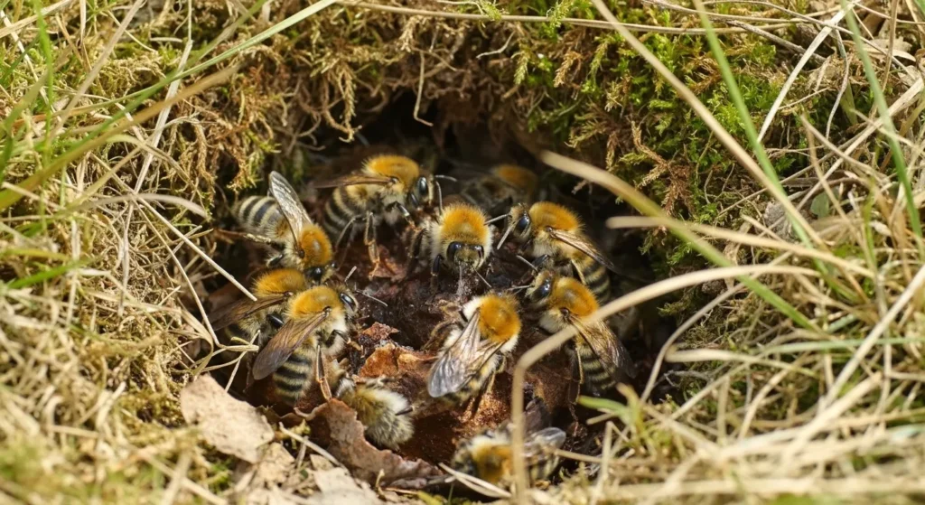 Bumble bees nests underground showing wax cells and colony structure