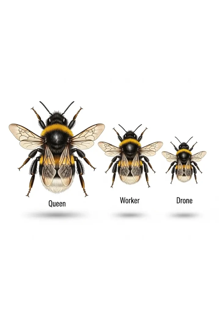 Queen worker and male bumblebee size comparison showing lifespan differences