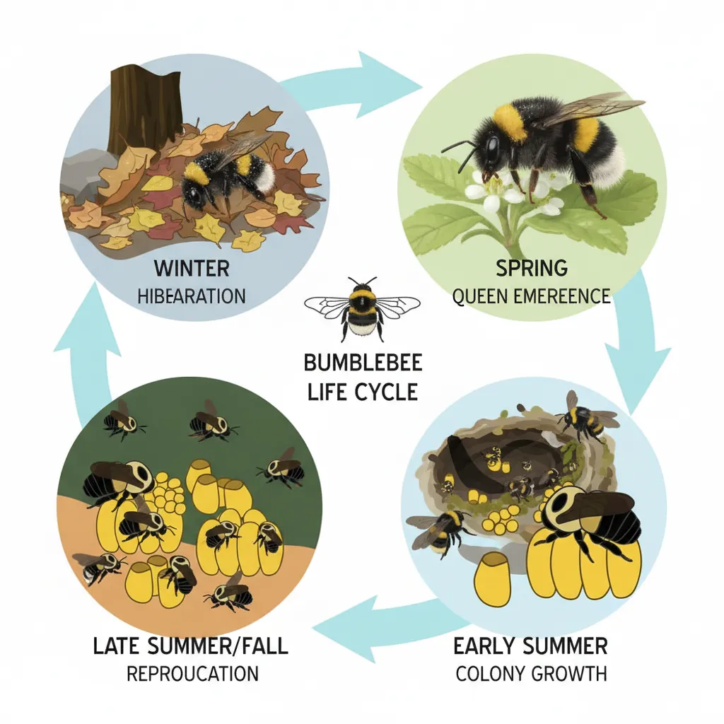 Life cycle of a bumblebee showing annual seasonal phases from spring to winter