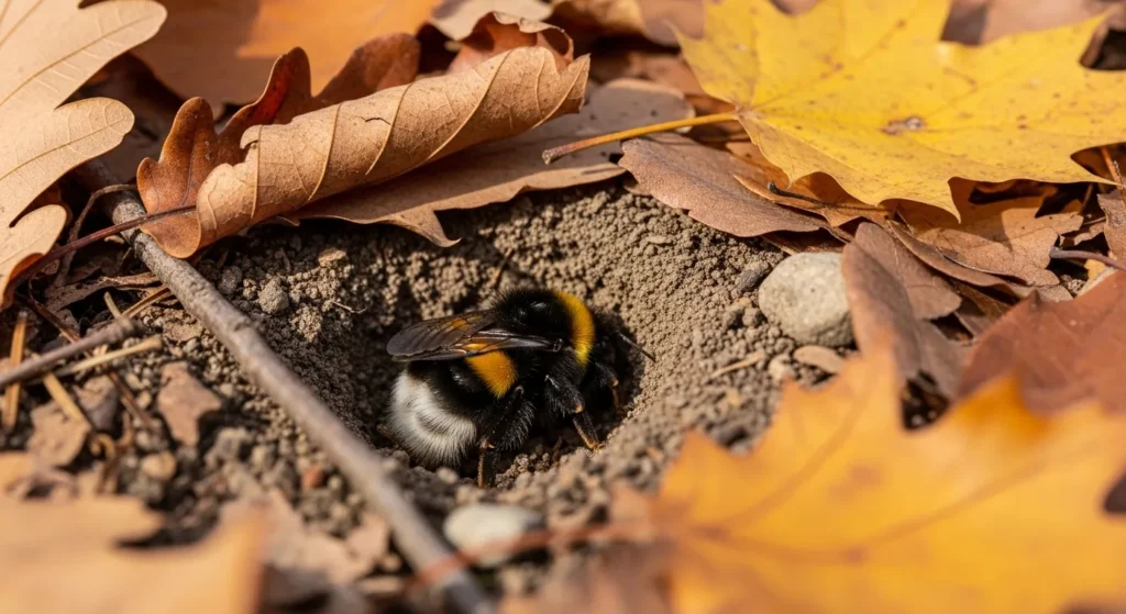 Queen bumblebee hibernating underground during winter months