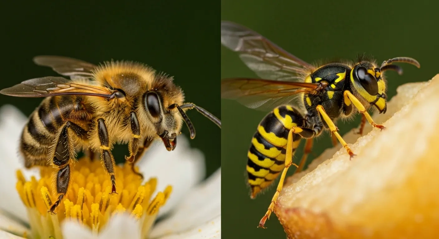 difference between bee and wasp side by side showing fuzzy bee and smooth wasp body