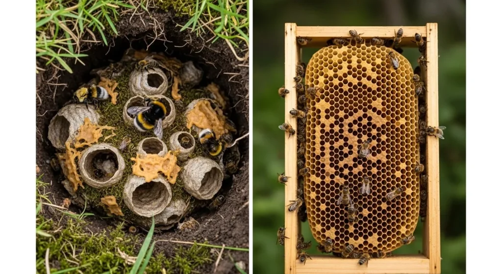 Side-by-side comparison of a bumble bee nest and a honey bee hive, showing a natural underground bumblebee nest with irregular wax pots and a structured wooden honey bee hive with hexagonal honeycomb, illustrating key differences between the two