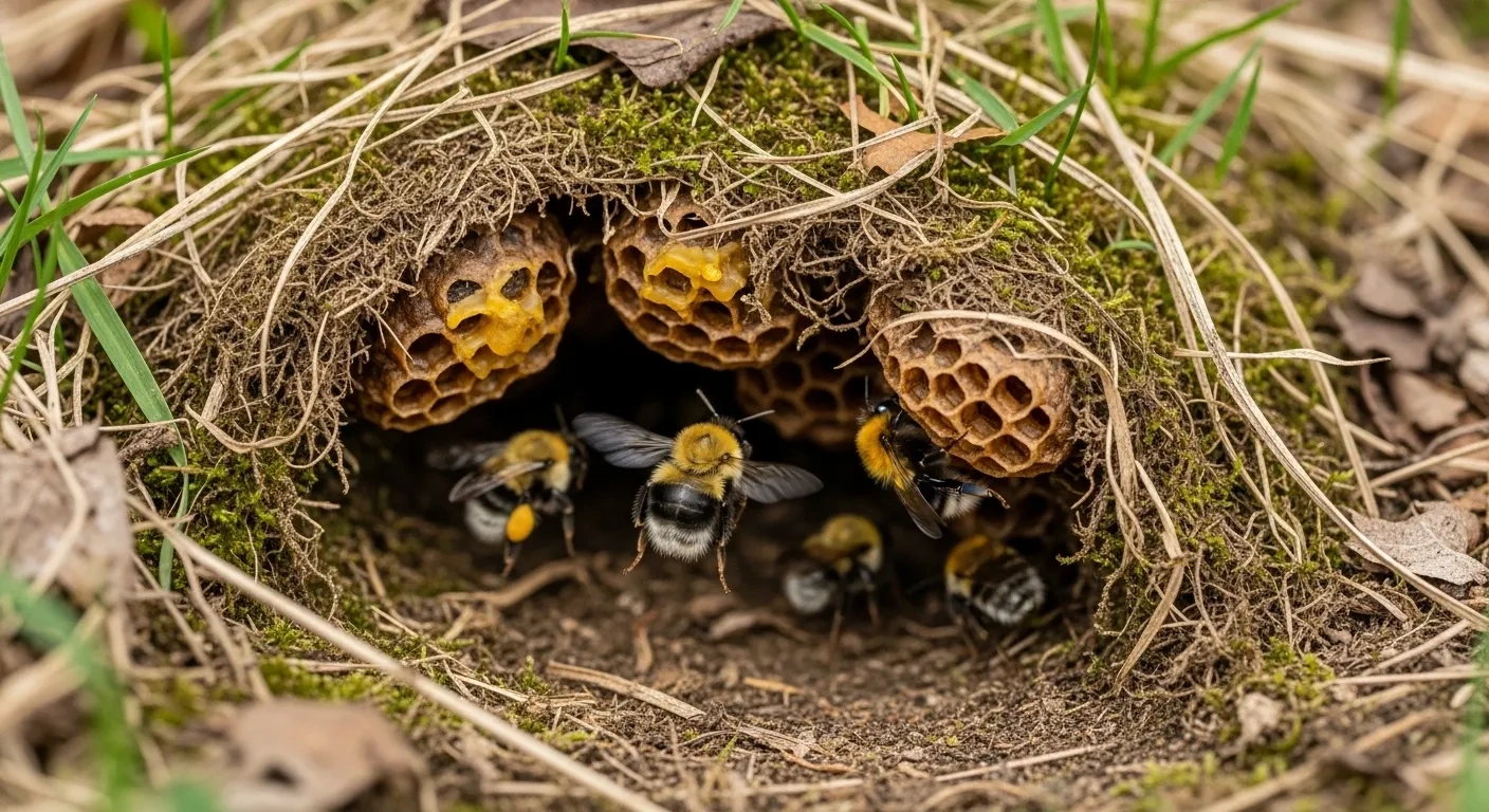 Bumble bee nest in garden showing messy natural structure with bees entering and exiting
