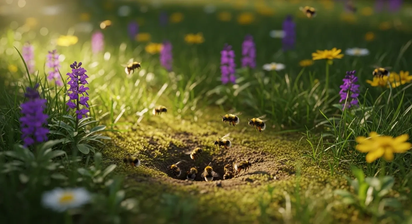 Bumble Bee Hives showing an underground bumble bee nest with bees flying in and out, surrounded by grass and wildflowers in a natural garden environment