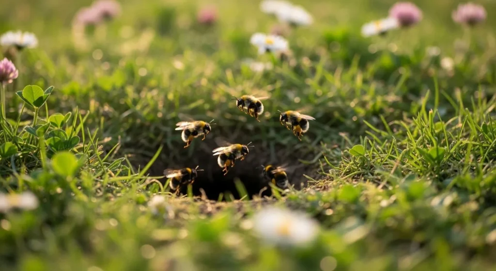 Bumble bees hives showing an underground bumble bee nest with bees entering and exiting the nest, surrounded by grass and wildflowers in a natural garden setting