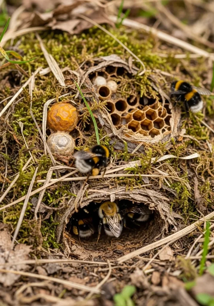 Close up of a bumble bee nest showing messy organic structure with wax honey pots and bees entering a ground nest